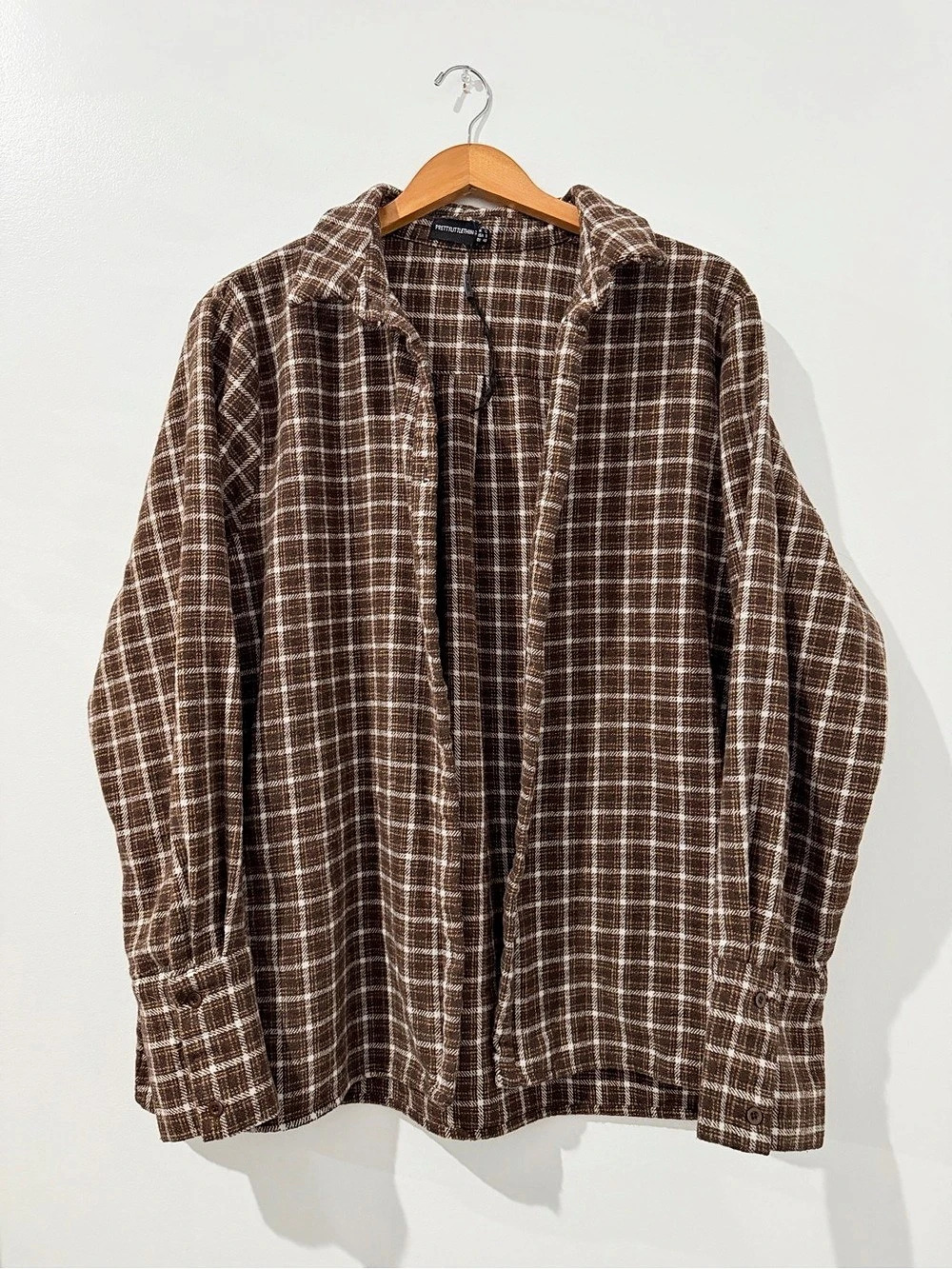 PrettyLittleThing Brown Tartan Checked Flannel Oversized Shirt Brown & White US